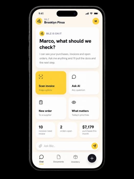 App móvil bilz — pantalla de inicio con la marca
